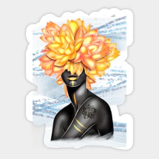 Black and white girl with color beautiful flowers in her head. Sticker